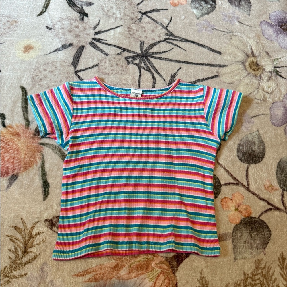 Vintage Warner Bros. Vibrant Striped Ribbed Kids Tee with embroidered tweety